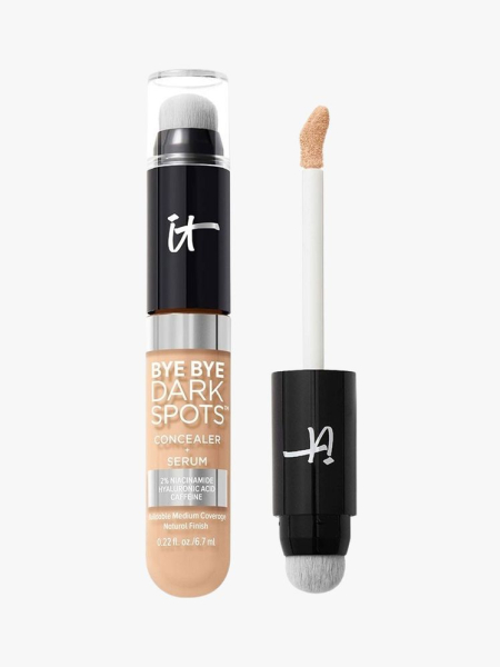 IT Cosmetics Bye Bye Dark Spots Concealer + Serum beige bottle with black top and black and white applicator on light grey background