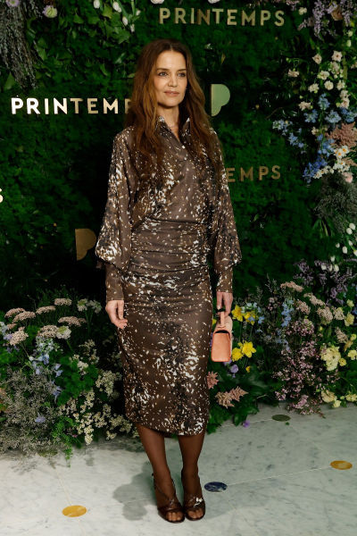 Katie Holmes attends the grand opening of Printemps wearing Deer Print Dress