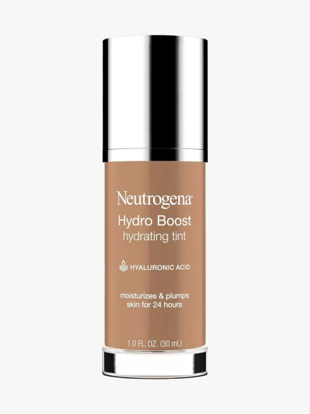 Neutrogena Hydro Boost Hydrating Tint bottle of foundation with silver lid on light gray background